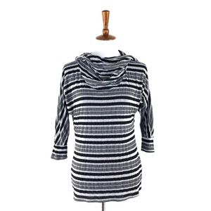 Bebe Gray & Black Striped Hooded Cowl Neck Top, Medium